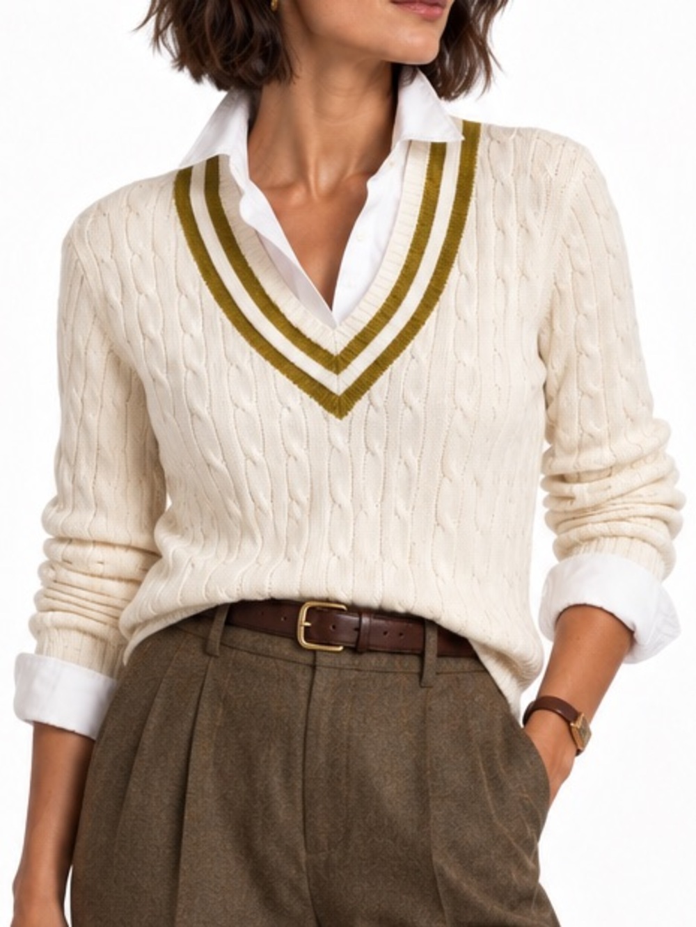 Ralph Lauren Italian Yarn 100% Cotton Cable Knit Metallic V Neck Sweater Large